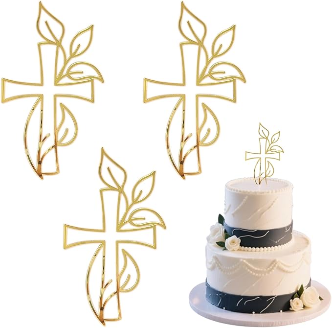 3 Pcs Baptism Cake Topper Personalized God Bless Cake Topper with Cross Glitter for Party Decoration Supplies(Gold)