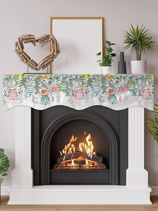Easter Eggs Fireplace Mantel Scarf Table Runner, Bunny Eucalyptus Leaves Spring Flower Plant Winter Garland Mantel Top Tablerunners Dresser Scarves Cover for Windows Party Living Room 70''x17''