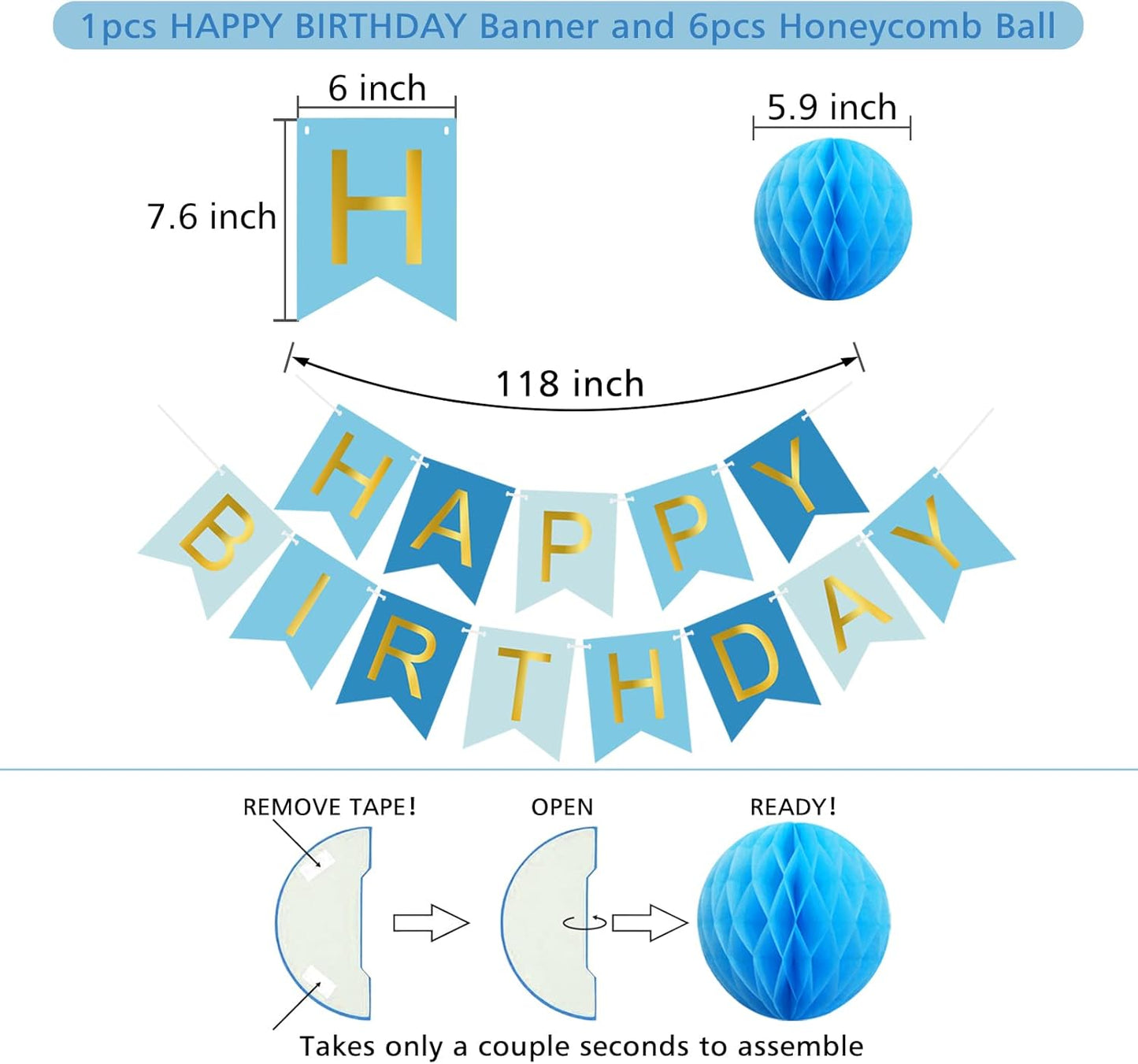 Blue Birthday Decorations with Happy Birthday Banner, Paper Honeycomb Balls, Circle Garland and Hanging Swirl Decorations, Birthday Party Decorations