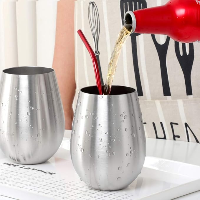 Buyer Star 304 Stainless Steel Wine Glasses Set of 2 - Large 17 oz Outdoor Stemless Wine Tumblers - 100% Unbreakable & Stemless Metal Drinking Cups for Home and Outdoors (Silver&Rainbow)