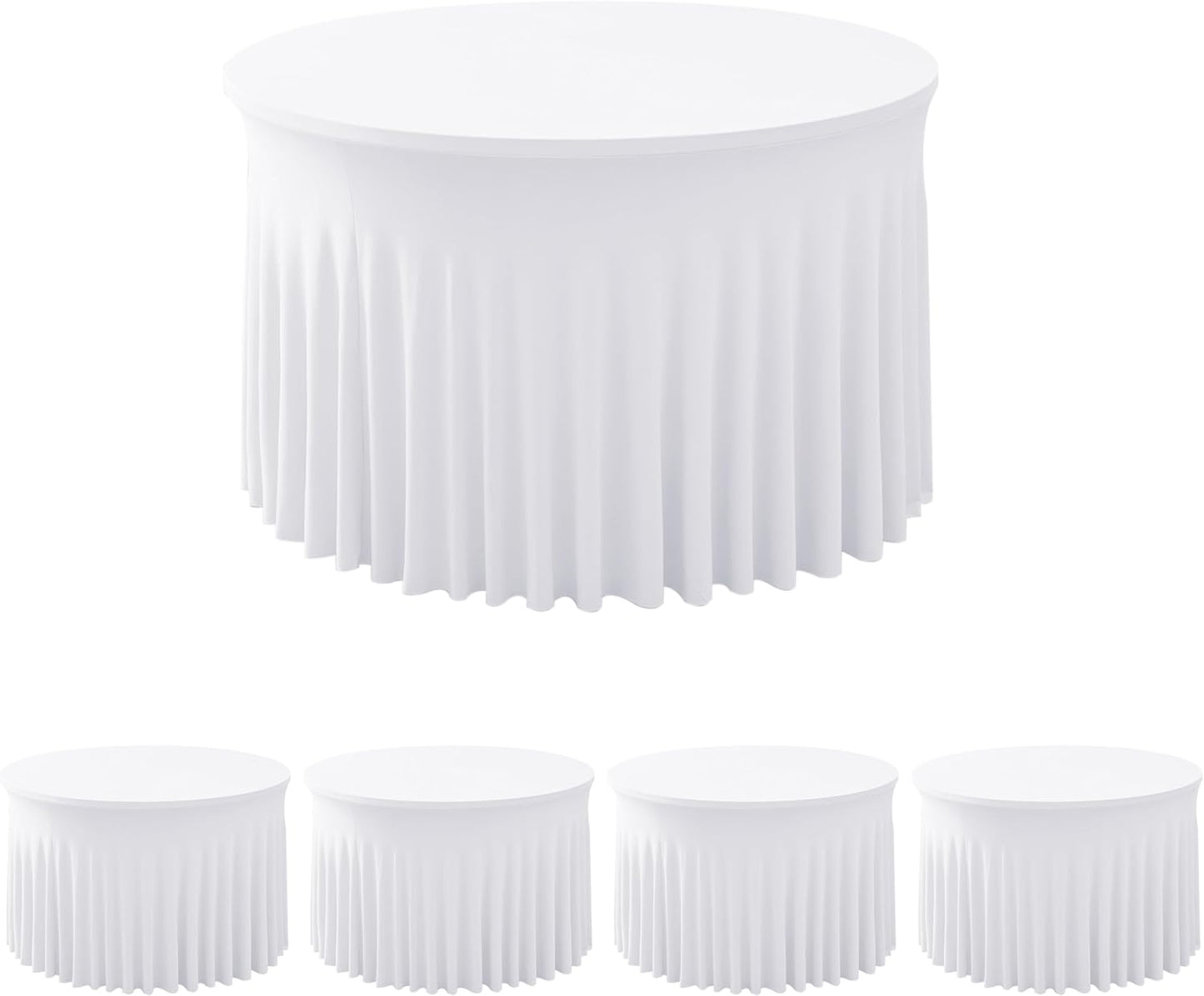 HolidayIdeas White Spandex 72in Round Table Cloths for Wedding, 6ft Fitted Stretch Table Skirts 132 Inch, Wrinkle-Free Ruffle Design Tablecloths for Banquets,Trade Shows, Parties, Events, 4 Pack