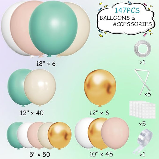 MEBAY Pastel Green Pink White Gold Balloon Arch Kit, 147PCS Fog Green Light Pink White Sand Gold Metallic and Confetti Balloons Garland for Baby Shower Gender Reveal Wedding Party Decoration