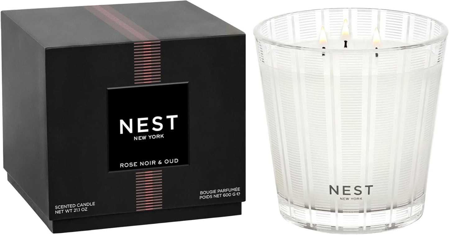 NEST New York Scented 3-Wick Candle, Rose Noir & Oud - 21.2 oz - Up to 100-Hour Burn Time - Reusable Glass Vessel
