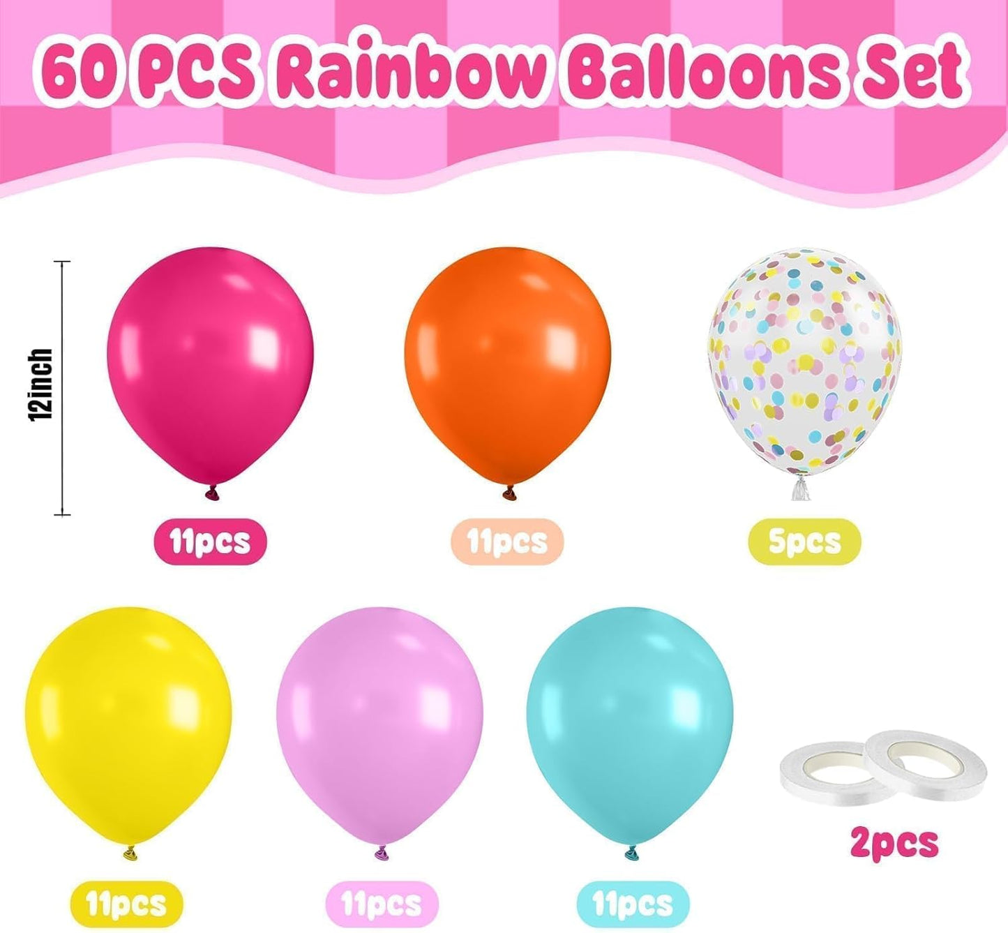 Paready Rainbow Balloons Set, 60Pcs Colorful Balloons, 12 Inch Bright Color Yellow Orange Hot Pink Teal Blue Confetti Balloon Helium for Rainbow Wedding Day Birthday Party decorations