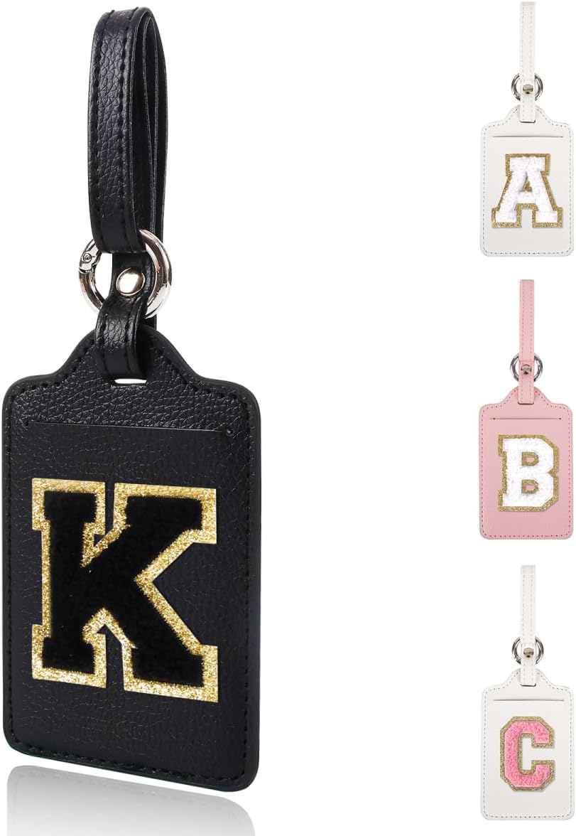 Personalized Initial Luggage Tags for Suitcases, Leather Chenille Letter Cute Luggage Tags with Privacy Name Card, Embroidered Travel Bag Backpack Tags Gifts for Women Kids Girls Teens(Black-K)