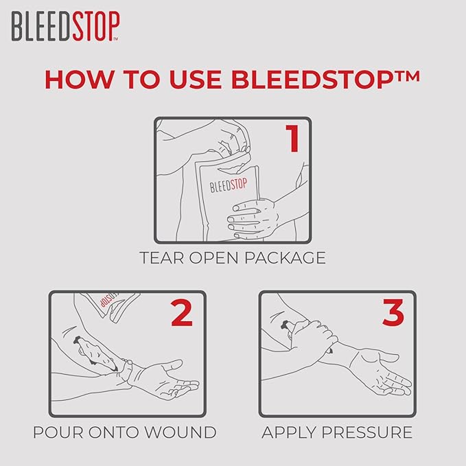 BleedStop™ First Aid Powder for Blood Clotting, Trauma Kit, Blood Thinner Patients, Camping Safety, and Survival Equipment for Moderate to Severe Bleeding Wounds or Nosebleeds (Double 4 Pack 15g)