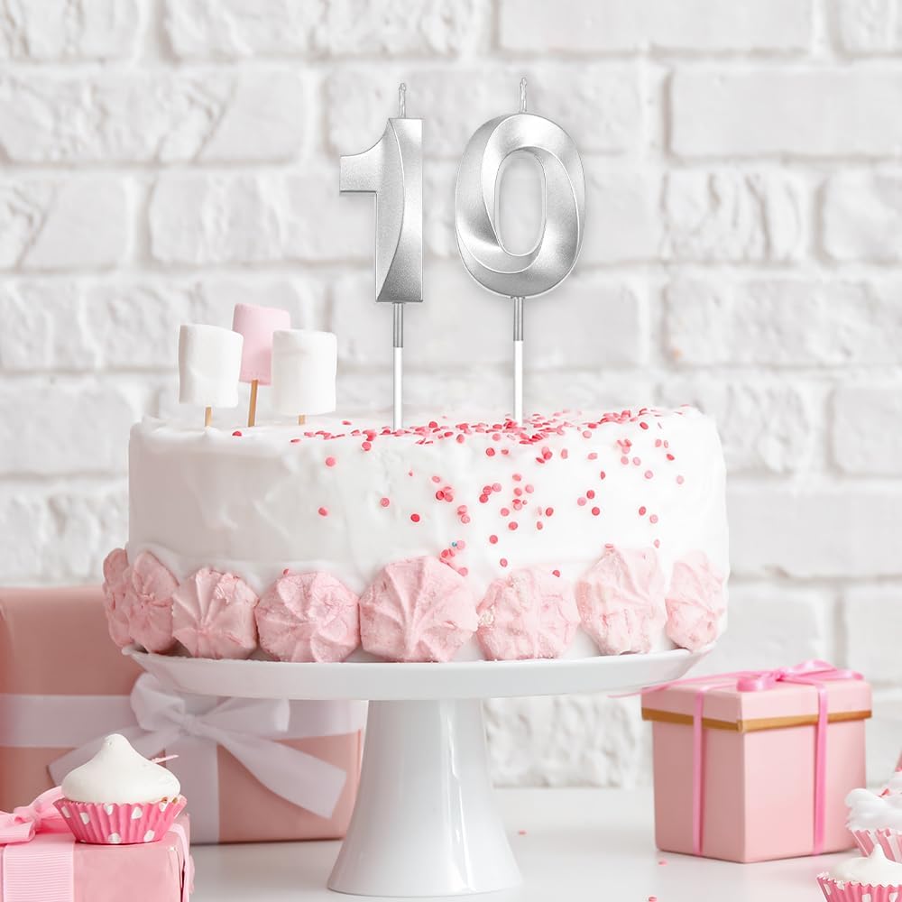 10 Birthday Candle Number 10 Candle Silver Number Candles for 10 Birthday Decorations for Girls 10th Birthday Decorations 10 Birthday Candle 10 Candle Birthday Girl Silver Birthday Candle Numbers 10
