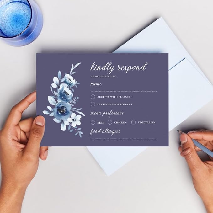 crafty-bell Glossy Finish Personalized Wedding RSVP Response Cards with White Envelopes, Blue Floral Design, 15 Count Respond Cards in Glossy Finish (Navy Blue)