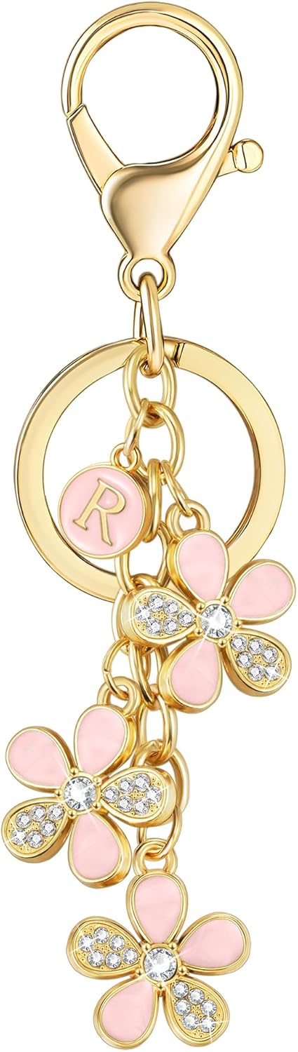 XGALBLA Cute Flower Crystals Rhinestone Initial Letter Keychain for Women, Bag Charms Bling Sparkly Enameled Keychain Handbag