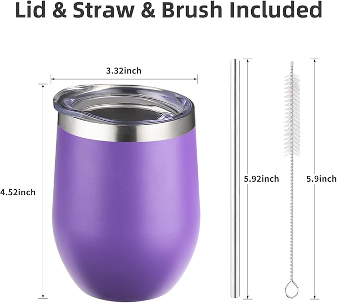 12 oz Insulated Wine Tumbler with Lid and Straw,Stainless Steel Stemless Wine Tumbler Double Wall Vacuum Wine Cups Tumbler Bulk for Coffee,Champaign,Cocktail,Office (Multicolor,8)