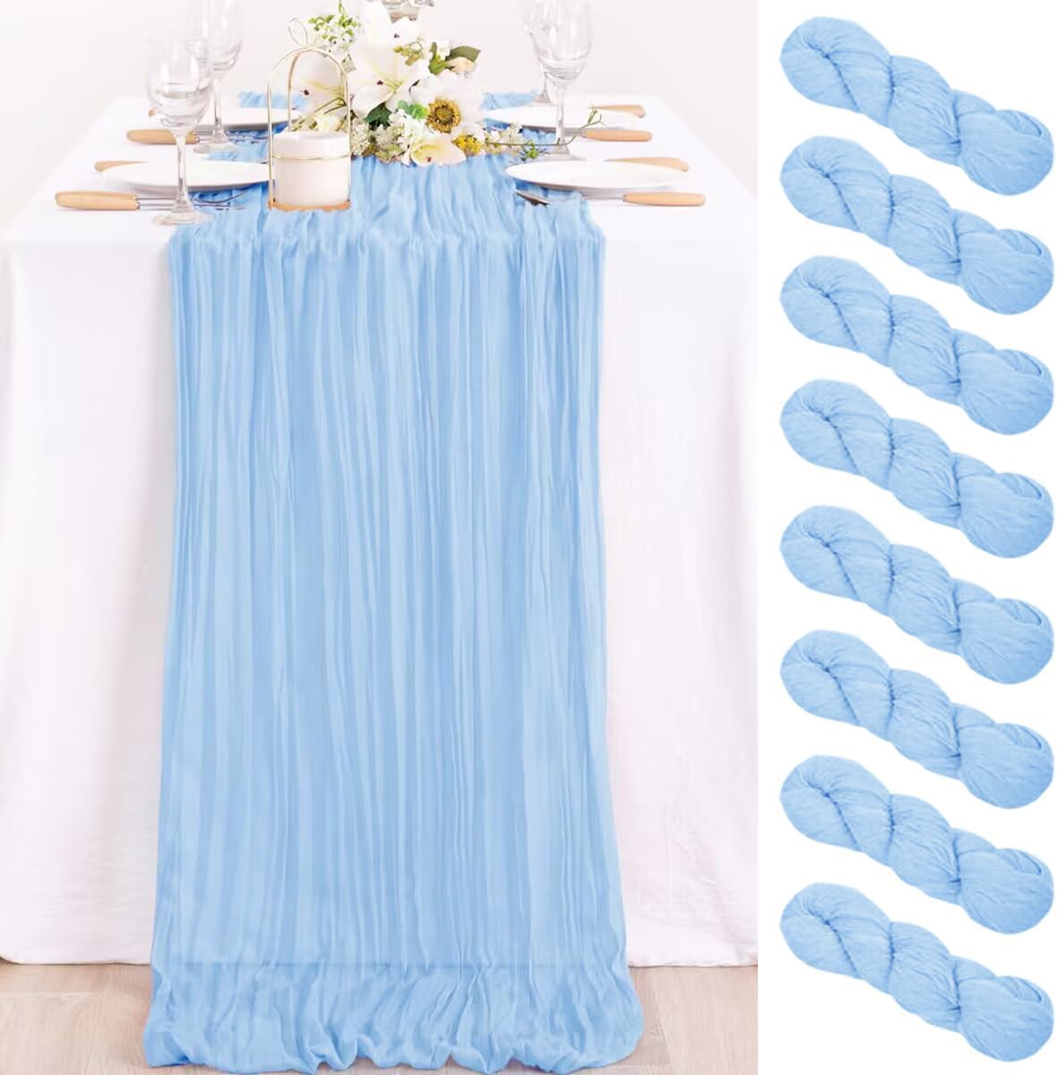 MLMC 12 Pack Baby Blue Cheesecloth Table Runner 10ft Rustic Light Blue Baby Shower Table Runner Bulk 35x120 Inches for Wedding Birthday Baby Shower Gender Reveal Fall Decor