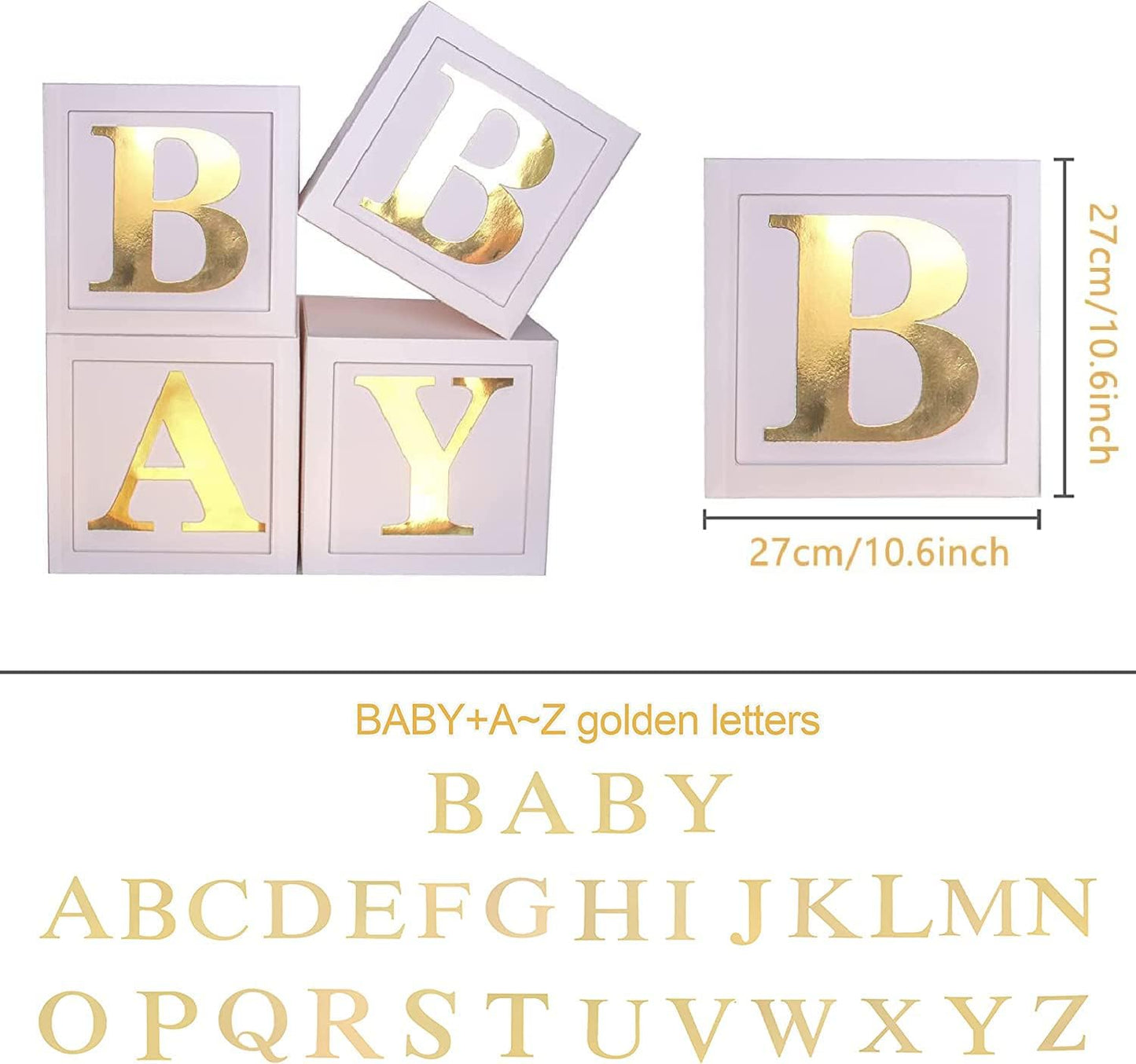 Baby Shower Boxes Party Decorations - 4pcs Stereoscopic White Gold Boxes with Gold Baby+A-Z Letters,Babe Balloon Party Box Blocks for Teddy Bear BabyShower,Boy Girl 1st Birthday Parties Backdrop