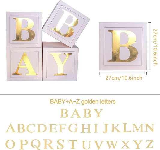 Baby Shower Boxes Party Decorations - 4pcs Stereoscopic White Gold Boxes with Gold Baby+A-Z Letters,Babe Balloon Party Box Blocks for Teddy Bear BabyShower,Boy Girl 1st Birthday Parties Backdrop