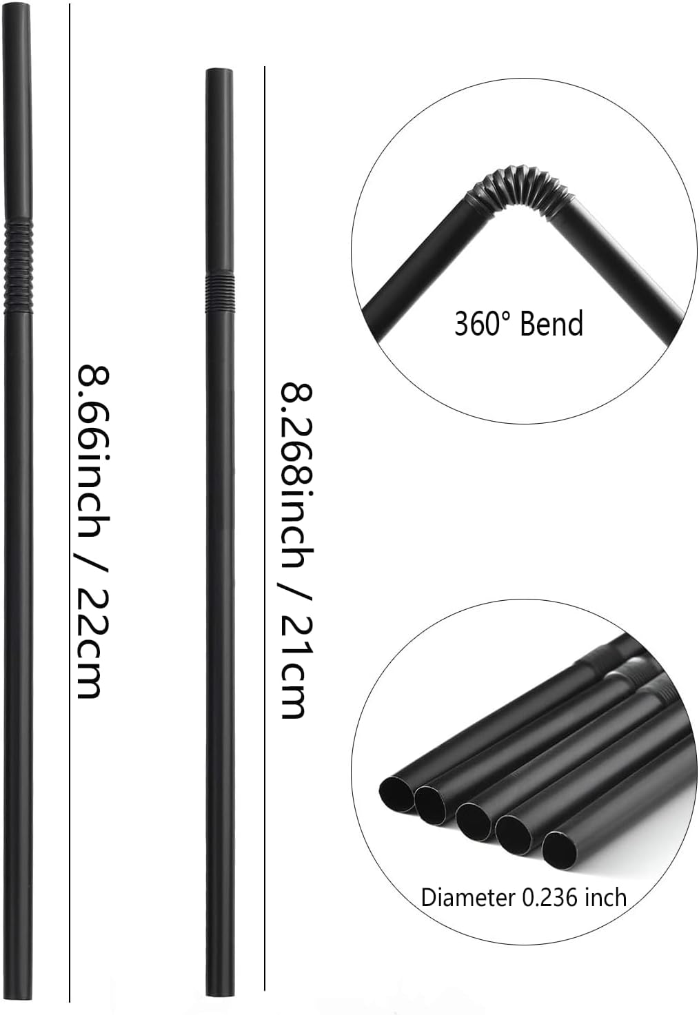 200-500PCS flexible plastic straws, black disposable curved party straws 8.26 inches long straw party decoration (500, Color striped - A)