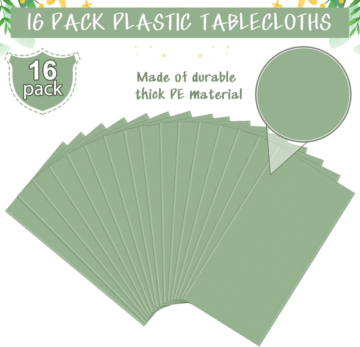 16Pack Sage Green Plastic Tablecloths Rectangle Light Green Tablecloth Waterproof Disposable Sage Table Cover for Summer Birthday Bridal Wedding Baby Shower Party Decorations,54 X 108 Inch