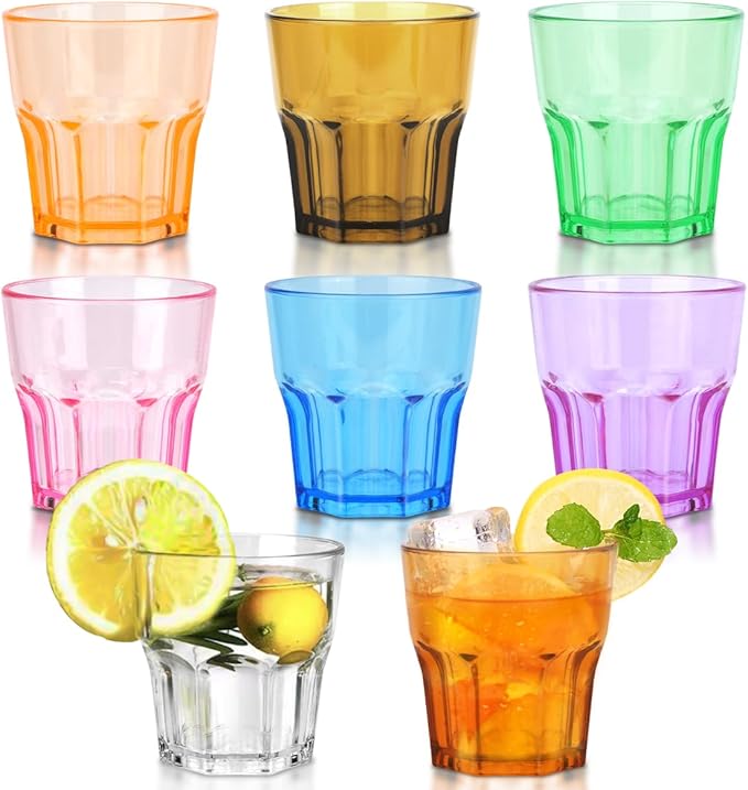 Plastic Drinking Glasses Set of 8, Unbreakable Coloured Water Tumbler, Acrylic Plastic Cups, Reusable Kids Drinking Cups for Children Kitchen Picnic Party Juice Whiskey Wine (8pc-8color-160ml/5.4oz)