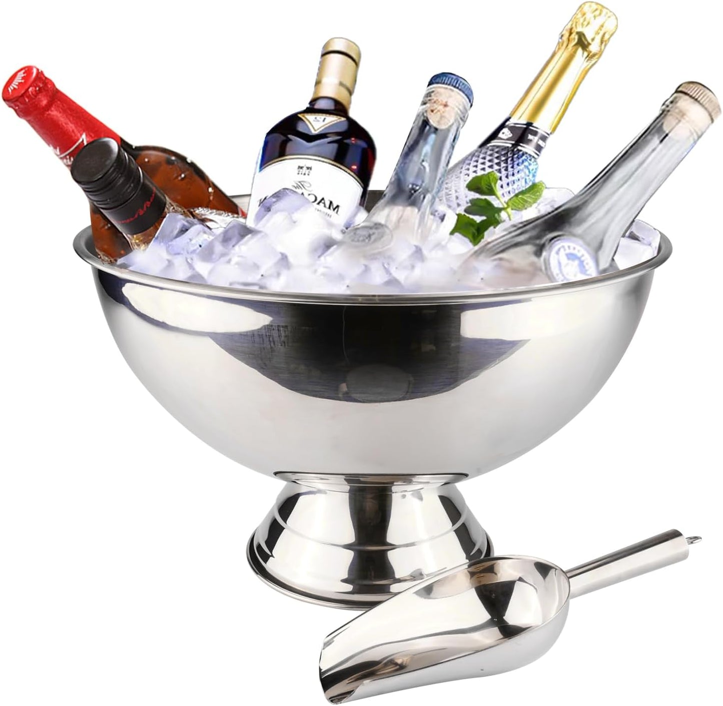 Large Ice Bucket 13L Stainless Steel Champagne Bowl Ice Bucket with Ice Scoop Semicircle Drink Tub with Integrated Base Silver Beverage Tub for Parties, Cocktail Bar, Chilling Wine (2 packs)