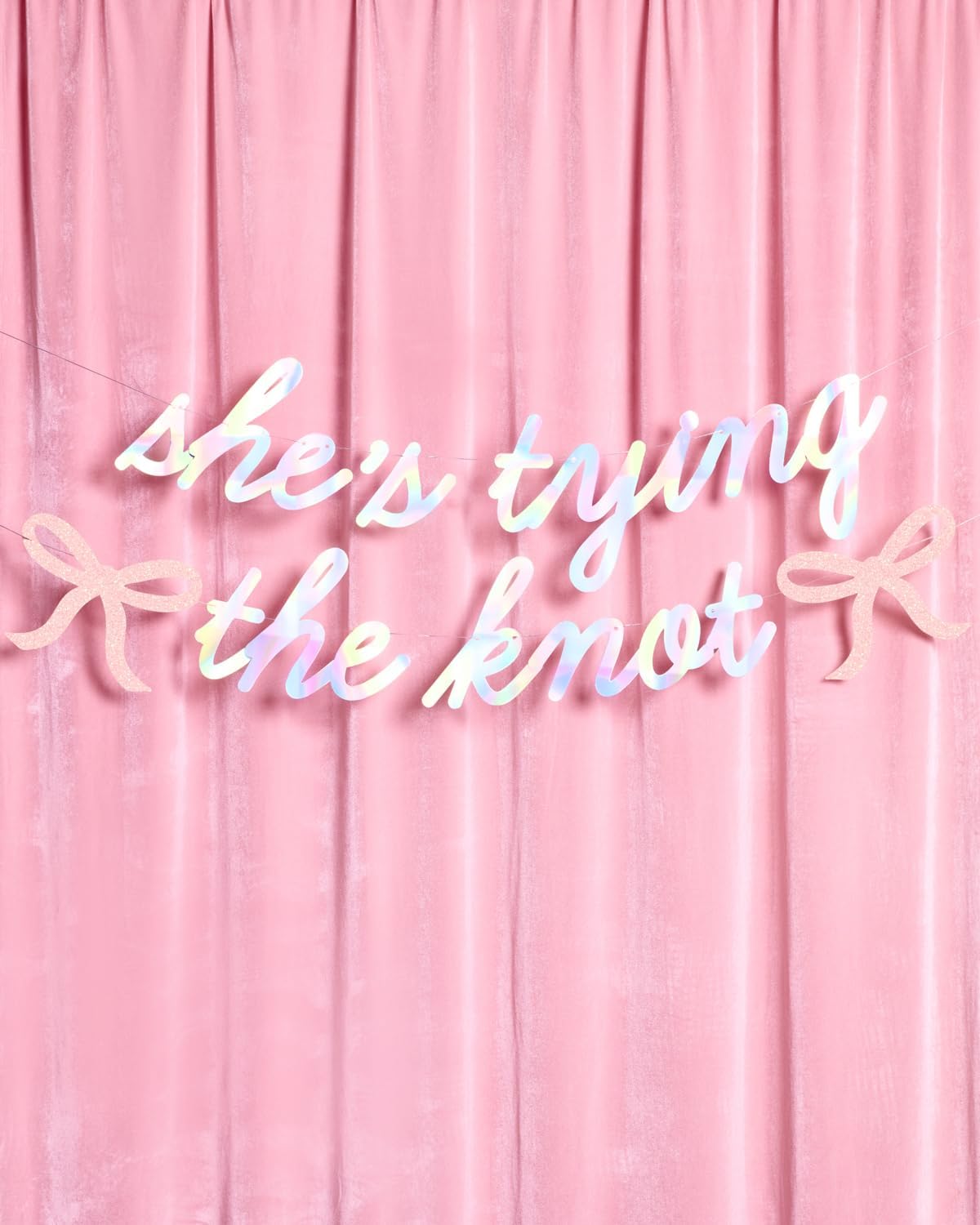 xo, Fetti She's Tying the Knot Banner - Iridescent Foil | 4.5 Ft. | Bow Bachelorette Decorations, Engagement Party Sign, Proposal Background, Bach Supplies