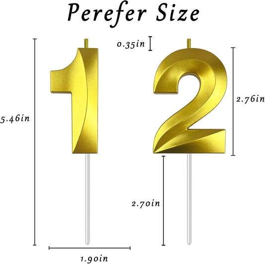 Gold Number 12 Candles, 3D Diamond 2.76 Inch Cake Topper Birthday Candles for Wedding Anniversary Cake Decorations, Happy Birthday Party Decorations