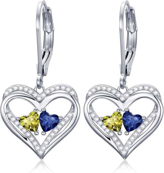Valentines Day Gifts for Women, Heart Leverback Earrings Double Birthstone Dangle Earrings for Women, Love Jewelry for Her, Anniversary Birthday Gift for Mom Wife Girlfriend