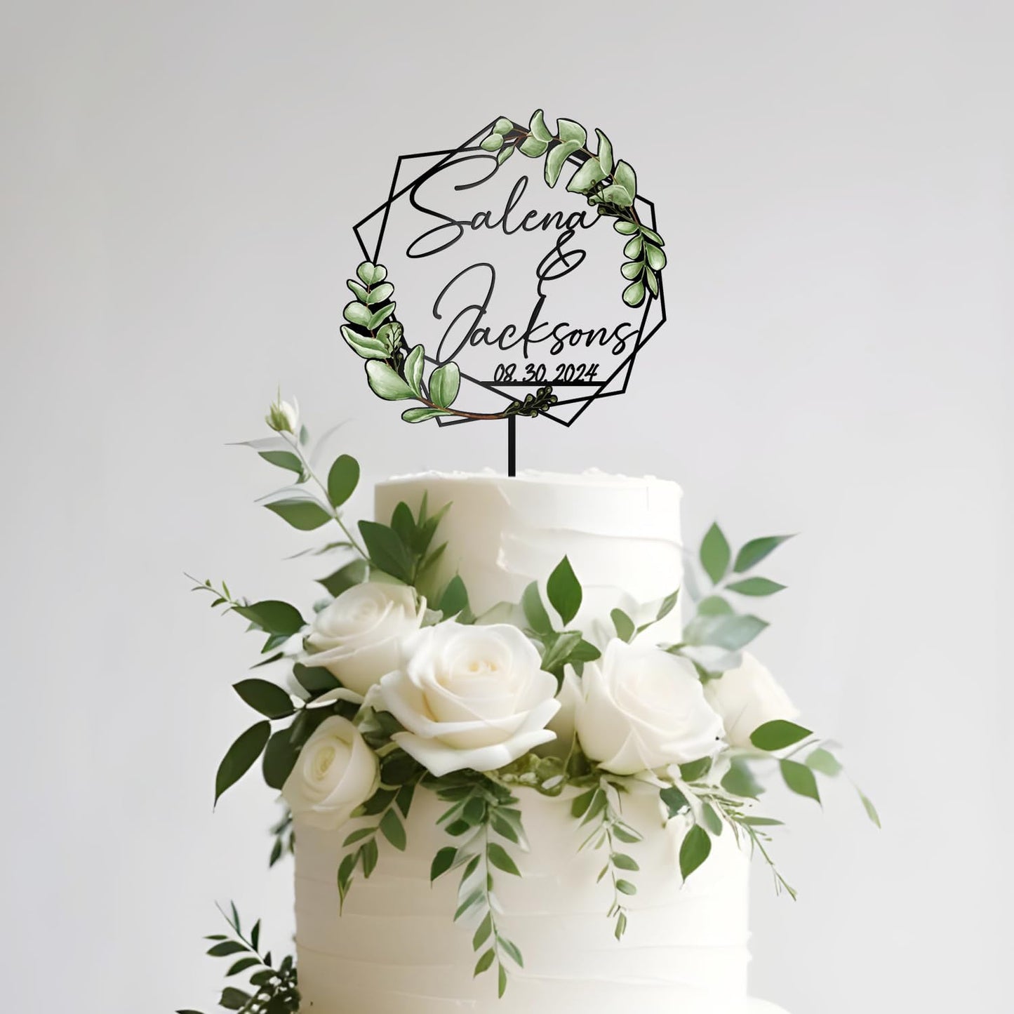 Wedding Cake Topper with Green Leaves Custom Bride & Groom's Names and Wedding Date Personalized Geometric Cake Decoration in Acrylic and Wood