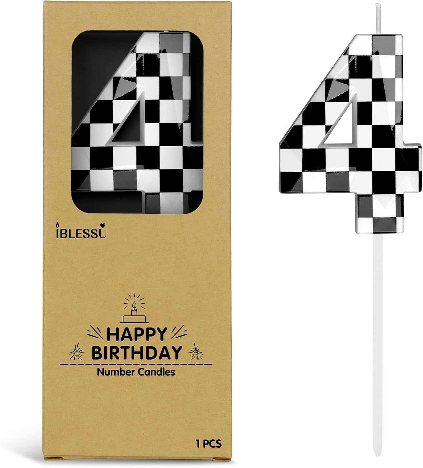 Number 4 Racing Cars Birthday Candles,2.68 Inch Black White Checkered Birthday Number Candles, Cool Racing Themed Number Candles for Boys and Girls, Kids Race Car Themed Party Decorations Supplies