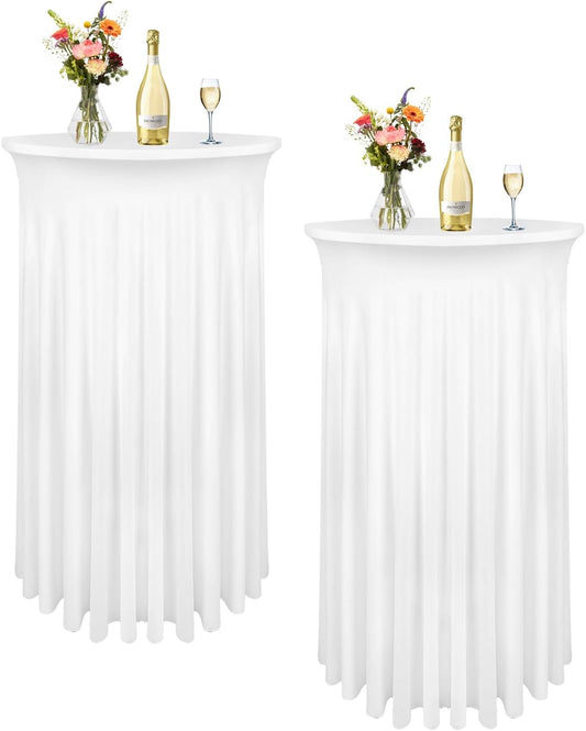 24"x 43" Round Cocktail Table Covers, Spandex Stretch High Top Table Cloths White Cocktail Tablecloth, TableSkirt with Natural Wavy Bar TableCover, Fitted Tablecloth for Party Wedding Banquet (2Pack)