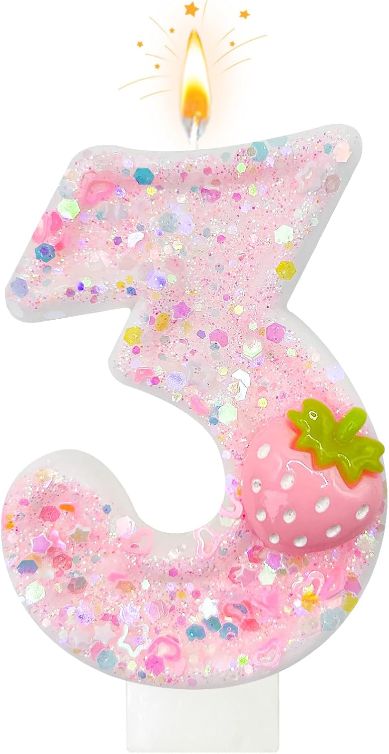 HXOUSE Strawberry Number 3 Birthday Candles - Pink Berry Birthday Candles for Cake, 3 Candle Topper for Anniversary Celebrations Supplies, Strawberry Party Decorations for Girl (No.3)