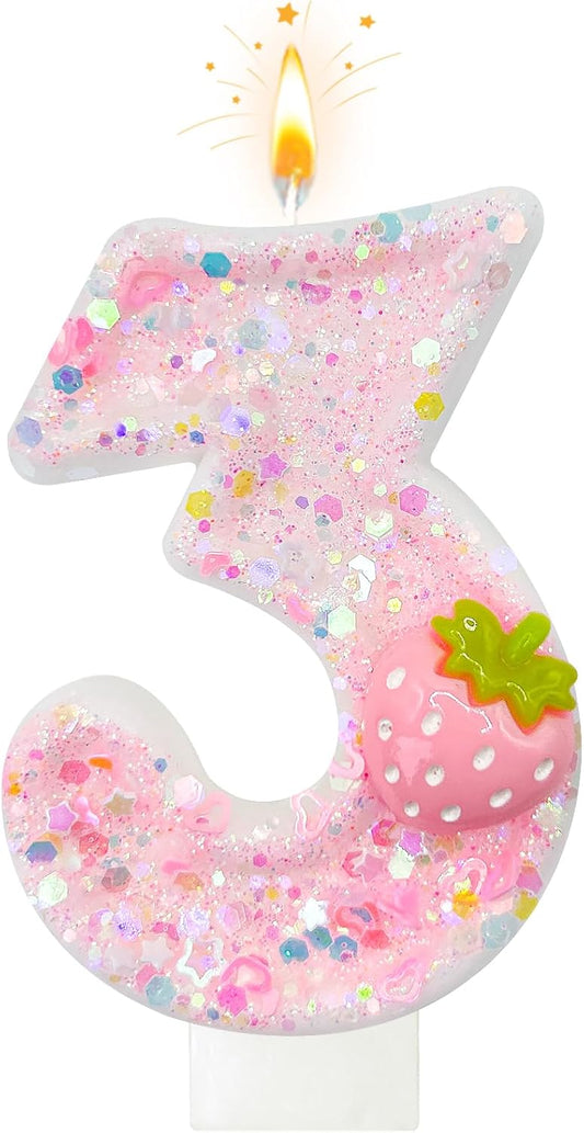 HXOUSE Strawberry Number 3 Birthday Candles - Pink Berry Birthday Candles for Cake, 3 Candle Topper for Anniversary Celebrations Supplies, Strawberry Party Decorations for Girl (No.3)