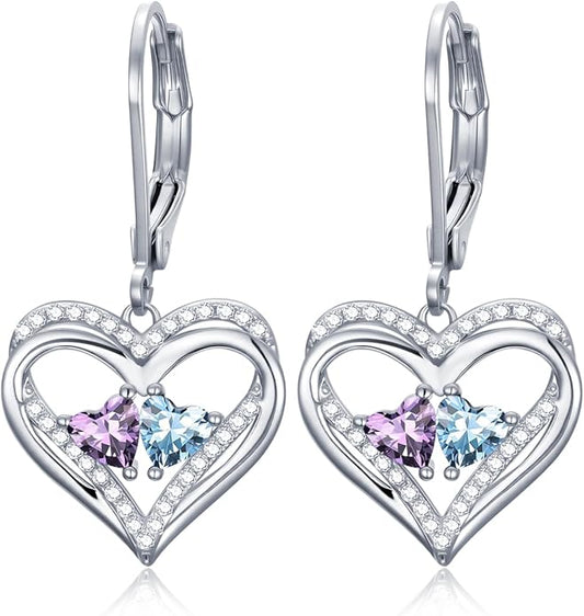 Valentines Day Gifts for Women, Heart Leverback Earrings Double Birthstone Dangle Earrings for Women, Love Jewelry for Her, Anniversary Birthday Gift for Mom Wife Girlfriend