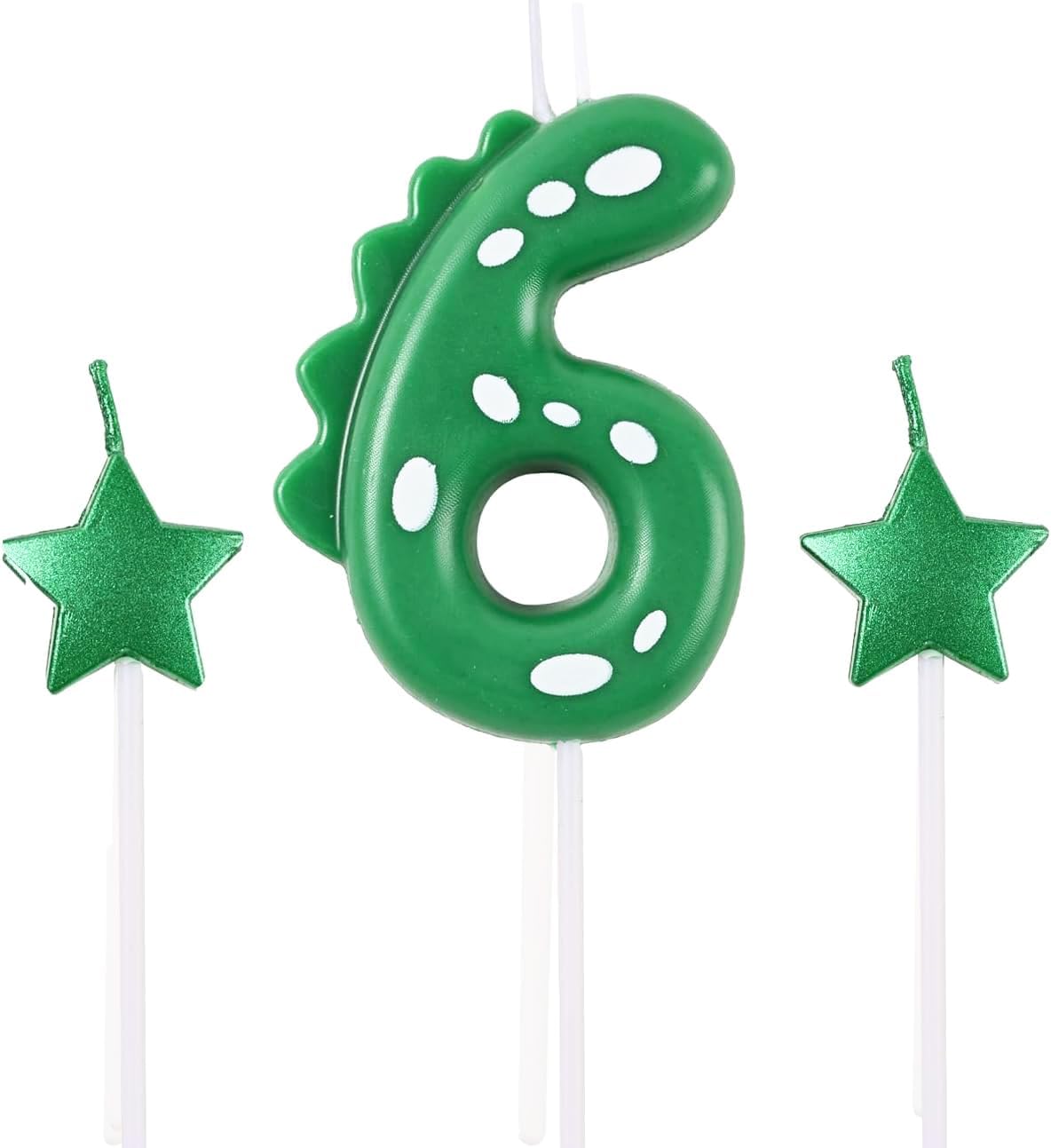 2.75 Inch Green Dinosaur Shaped 6 Number Birthday Candles and Star Birthday Candles,Suitable for Dinosaur Birthday Decorations & Themed Parties Celebration