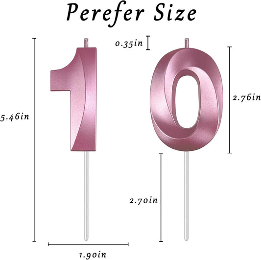 Pink Number 10 Candles, 3D Diamond 2.76 Inch Cake Topper Birthday Candles for Wedding Anniversary Cake Decorations, Happy Birthday Party Decorations