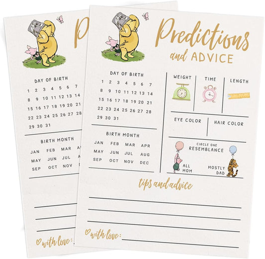 Printed Party Baby Predictions & Advice Cards – Classic Pooh Theme, Winnie Baby Shower Game for Guests, Gender Reveal Activity for Boy or Girl Activity, 30 Pack