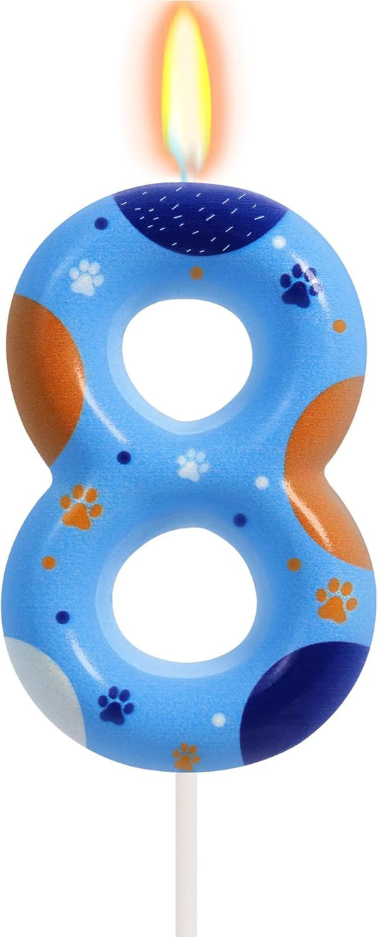 Blue Dog Paw Birthday Candles, Number 8 Paw Print Birthday Party Supplies, 2.76 inch Paw Cake Topper Decorations, Birthday Decorations (Number 8)