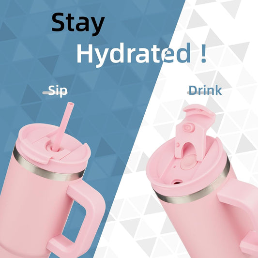 30 oz Tumbler with Handle and 2 Straws,2 in 1 Lid Insulated Water Bottle Stainless Steel Travel Coffee Mug,Pink