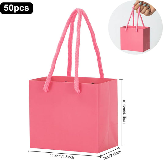 driew Small Pink Gift Bags 50 Pcs, 4.5" x 2.8" x 4" Min Thick Kraft Paper Bags Bulk with Pink Handles Set for Wedding Party Birthday Gathering Baby Shower