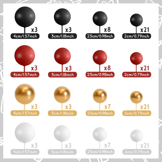 138 Pcs Balls Cake Topper Decorations Balloon Cupcake Toppers Foam Multisize Cake Topper Balls for Birthday Party Wedding Anniversary(Black,Red,White,Gold)