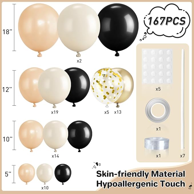 Black Nude White Gold Balloon Garland Arch Kit, 167Pcs Latex Balloons Different Sizes for Boho Birthday Baby Shower Gender Reveal Graduation Wedding Party Decorations
