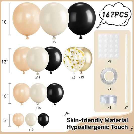Black Nude White Gold Balloon Garland Arch Kit, 167Pcs Latex Balloons Different Sizes for Boho Birthday Baby Shower Gender Reveal Graduation Wedding Party Decorations