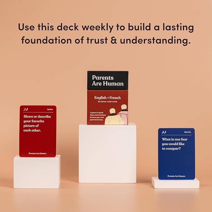 Parents Are Human, Relationship Cards, Get to Know Each Other Better, Parents, Adults, Families, & Teens Relationship Building, Light & Deep Questions, 70 Questions & Activity Cards, English + French