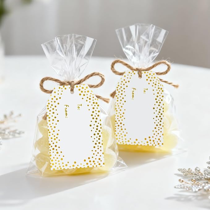 Anwyll Gift Tags with String - 50Pcs Gold Foil Metallic Name Gift Tags Confetti Polka Dot to from Gift Bag Tag Personalized Hang Paper Label Tag for Baby Shower Birthday Party Wedding Christmas Favors