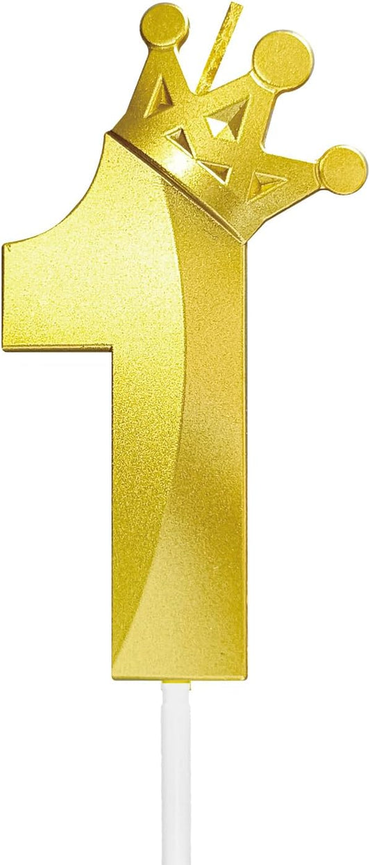 Number 1 Birthday Candle One Year Old Happy Birthday Number Candles Cake Topper Decorations 3D Crown (Crown-1, Gold)