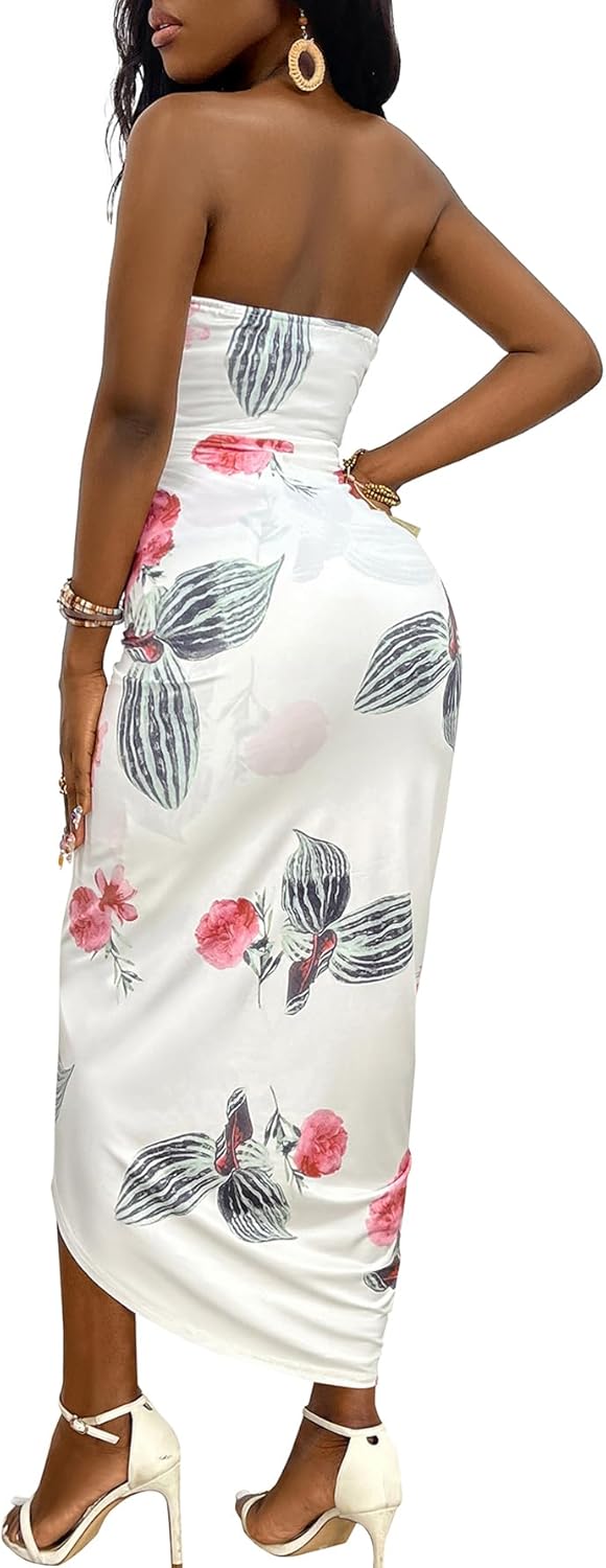 Umenlele Women's Strapless Ruched High Waist Wrap Split Asymmetrical Beach Maxi Long Dress