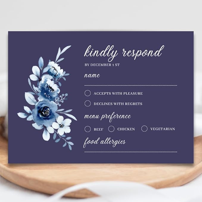 crafty-bell Glossy Finish Personalized Wedding RSVP Response Cards with White Envelopes, Blue Floral Design, 15 Count Respond Cards in Glossy Finish (Navy Blue)