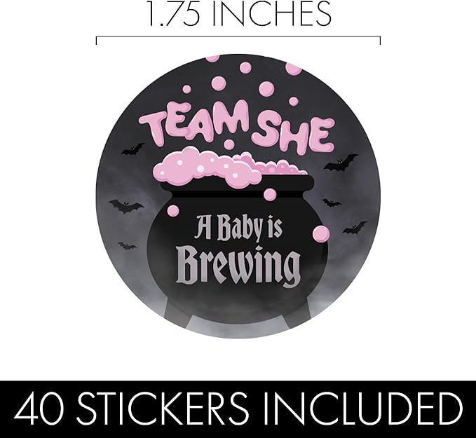 Baby is Brewing Halloween Gender Reveal Party - Bubbling Witch Cauldron Team He or Team She - 40 Stickers - Pink Blue