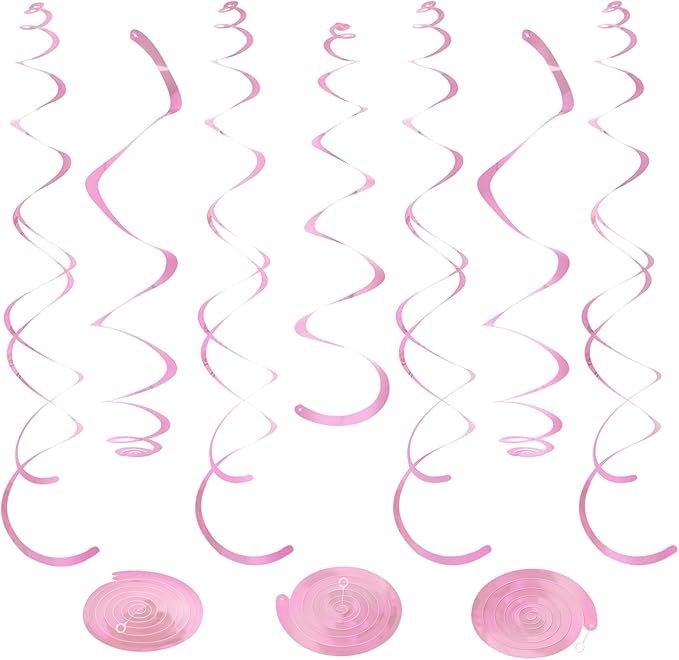 24 PCS Pink Hanging Swirl, Sparkle Ceiling Hanging Decorations, Plastic Streamer Party Decorations with Double-Swirls and Single-Swirls for Birthday Decorations, Valentine's, Galentines,Baby Shower