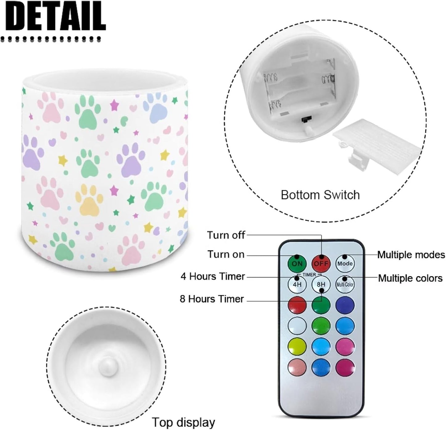 Poceacles LED Flameless Candles Set of 4 Flickering Night Lights with Remote and Timer, Stylish Design Battery Operated Candles for Indoor Outdoor Decorations, Cute Paw Star Love Print White