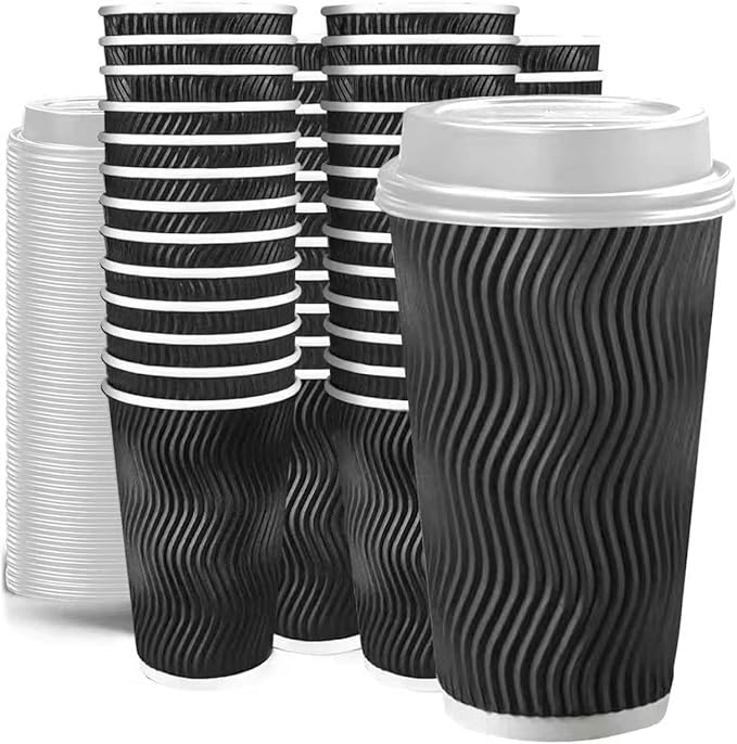 100 Set - 16 oz Coffee Cups with Lids, Disposable Insulated Corrugated Paper Cups, Double Wall Ripple To Go Cups for Hot Drinks, Chocolate, Cocoa (Black)