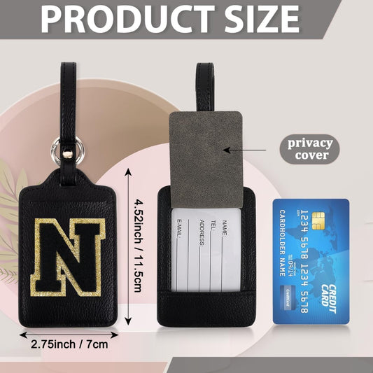 Personalized Initial Luggage Tags for Suitcases, Leather Chenille Letter Cute Luggage Tags with Privacy Name Card, Embroidered Travel Bag Backpack Tags Gifts for Women Kids Girls Teens(Black-N)