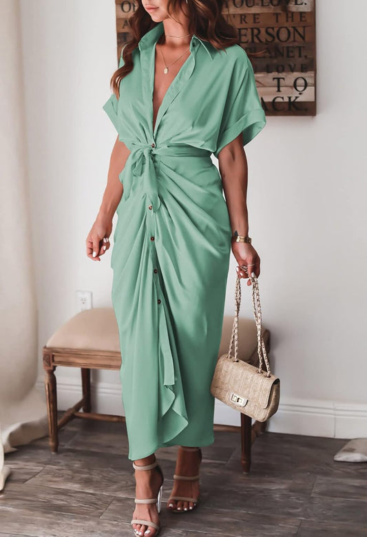 Women Elegant Satin Button Down Short Sleeve Maxi Shirt Dress with Belt